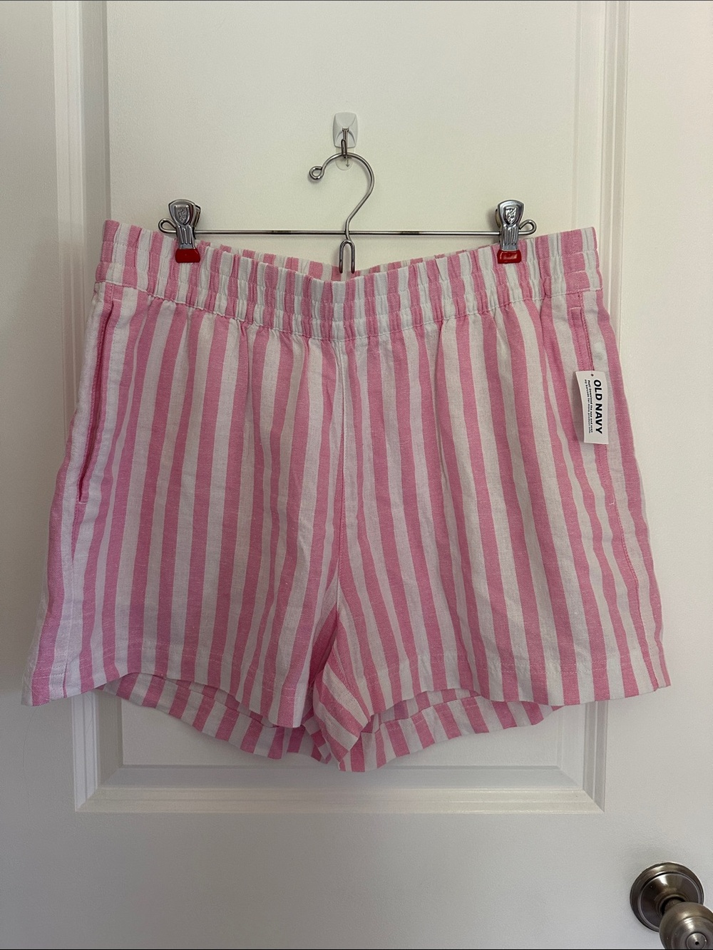 Old Navy Pink & White Vertical Stripe High-Waist Shorts